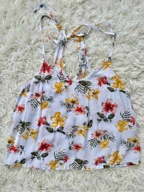 Hollister White Floral Tie-Back Cami with Yellow & Pink Blooms